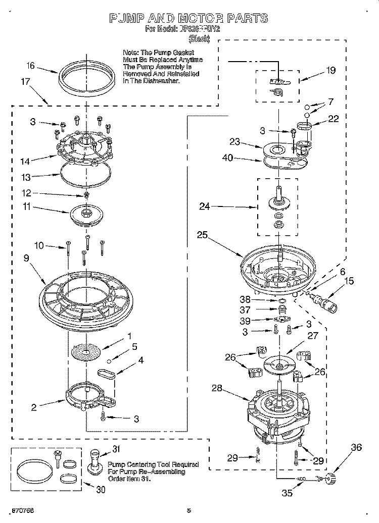 PUMP AND MOTOR Diagram and Parts List for DP920PFGY2  Whirlpool Dishwasher