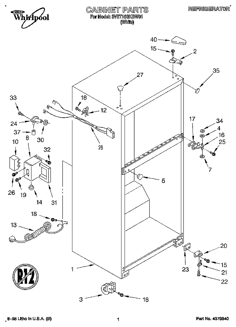CABINET Diagram and Parts List for 3VET16GKBW01  Whirlpool Refrigerator