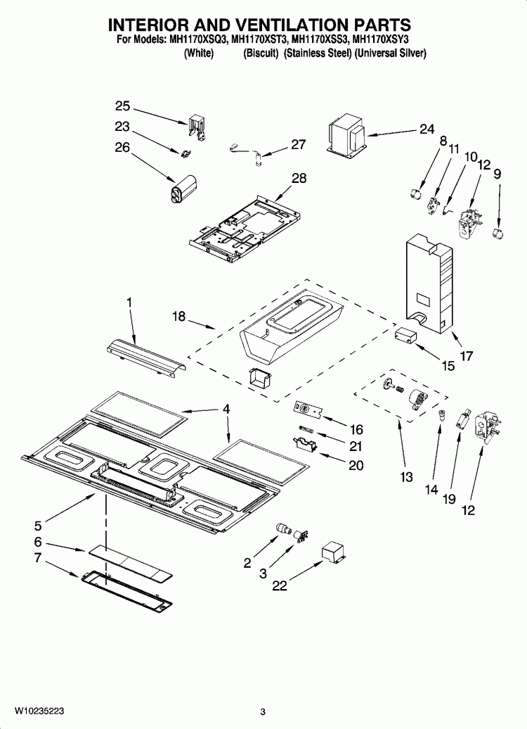 INTERIOR AND VENTILATION PARTS Diagram and Parts List for MH1170XSQ3  Whirlpool Microwave