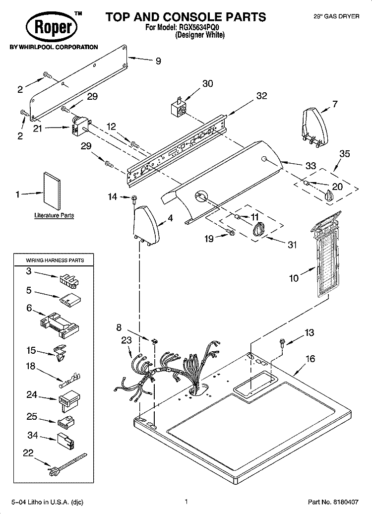 TOP AND CONSOLE PARTS AND OPTIONAL PARTS (NOT INCLUDED) Diagram and Parts List for RGX5634PQ0  Roper Dryer