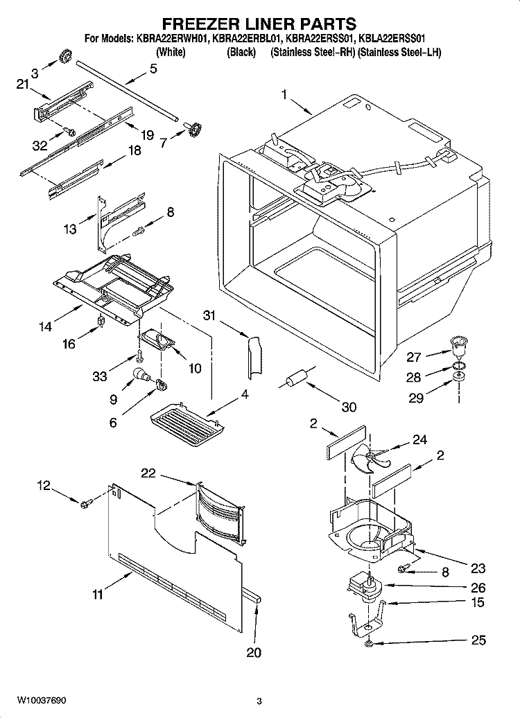 FREEZER LINER PARTS Diagram and Parts List for KBLA22ERSS01  KitchenAid Refrigerator