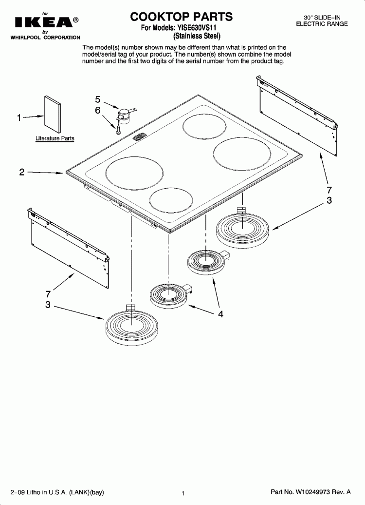 COOKTOP PARTS Diagram and Parts List for YISE630VS11  Whirlpool Range