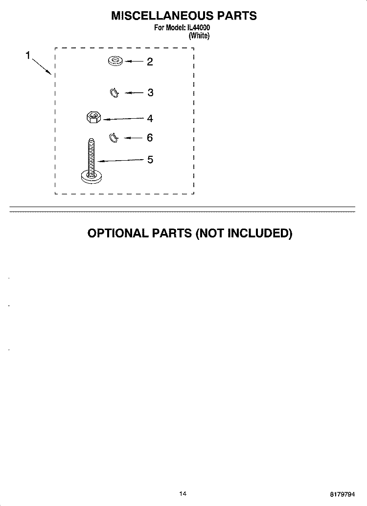 MISCELLANEOUS  PARTS, OPTIONAL PARTS (NOT INCLUDED) Diagram and Parts List for IL44000  Inglis Washer