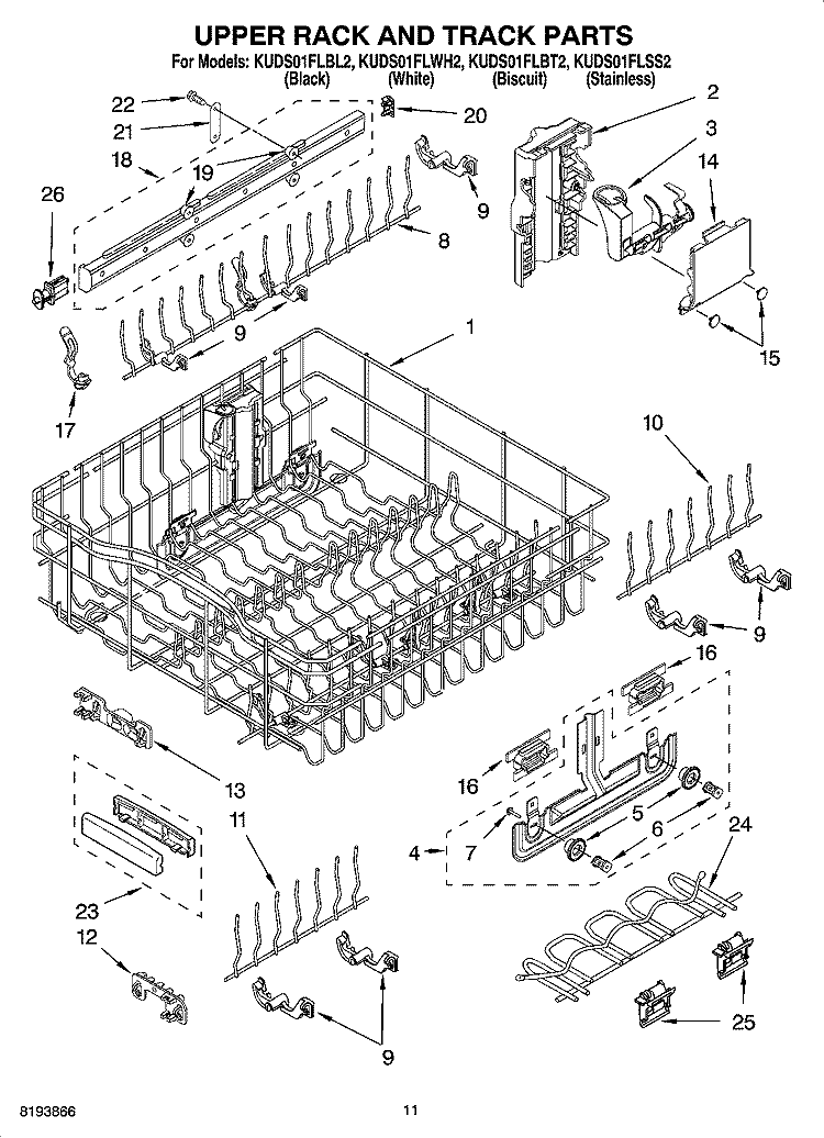 UPPER RACK AND TRACK PARTS Diagram and Parts List for KUDS01FLBL2  KitchenAid Dishwasher