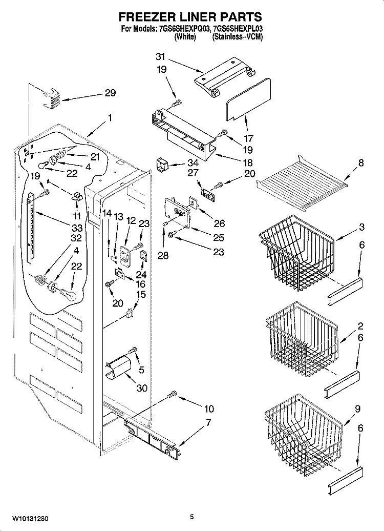 FREEZER LINER PARTS Diagram and Parts List for 7GS6SHEXPQ03  Whirlpool Refrigerator