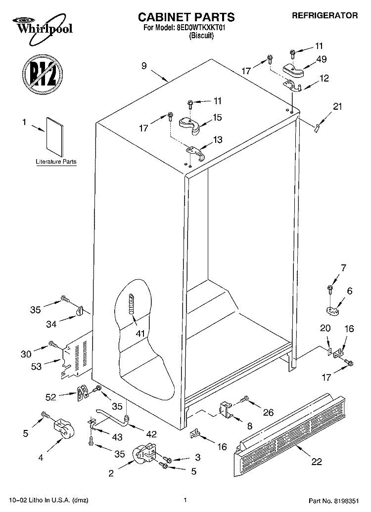 CABINET, LITERATURE Diagram and Parts List for 8ED0WTKXKT01  Whirlpool Refrigerator