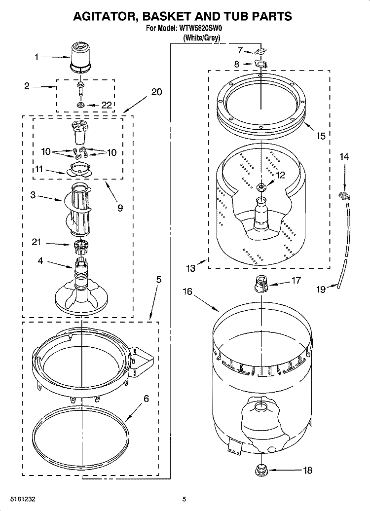 AGITATOR, BASKET AND TUB PARTS Diagram and Parts List for WTW5820SW0  Whirlpool Washer