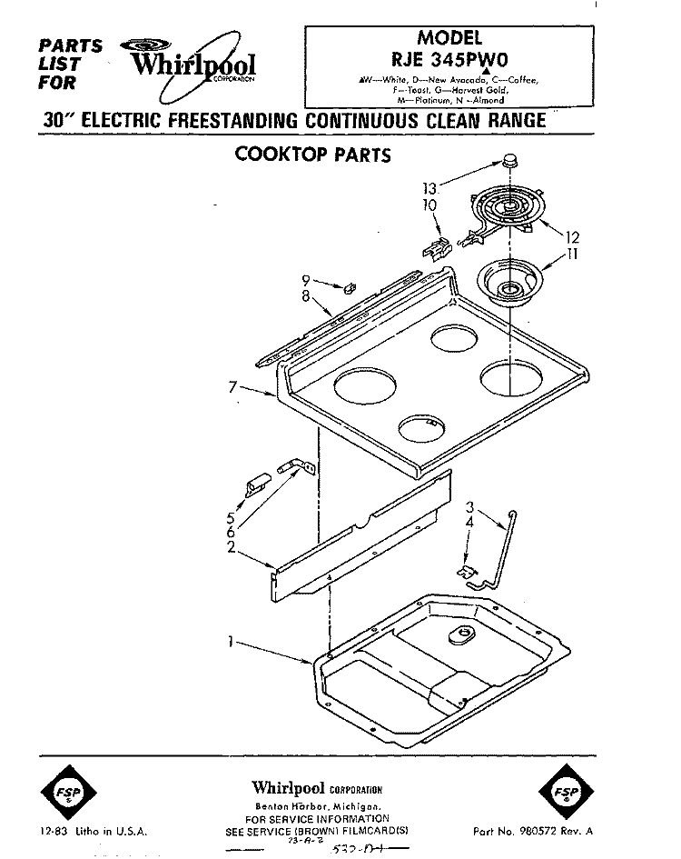 COOKTOP Diagram and Parts List for RJE345PW0  Whirlpool Range