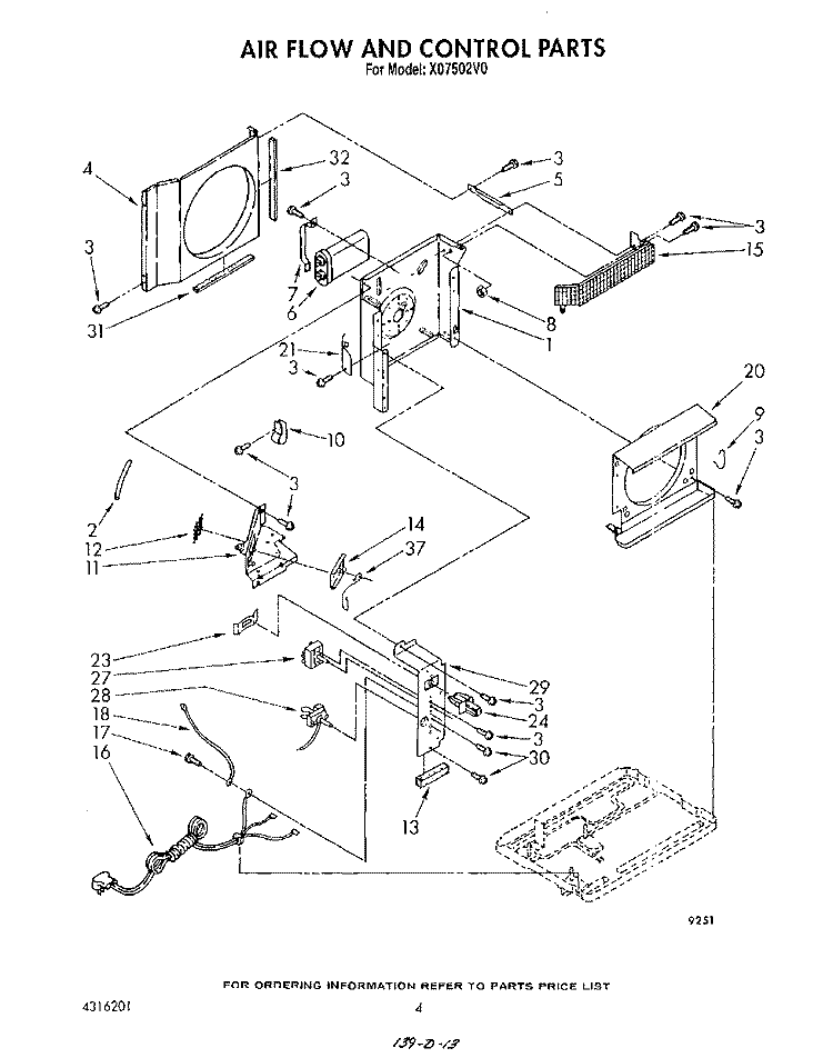 AIRFLOW AND CONTROL Diagram and Parts List for X07502V0  Roper Air Conditioner