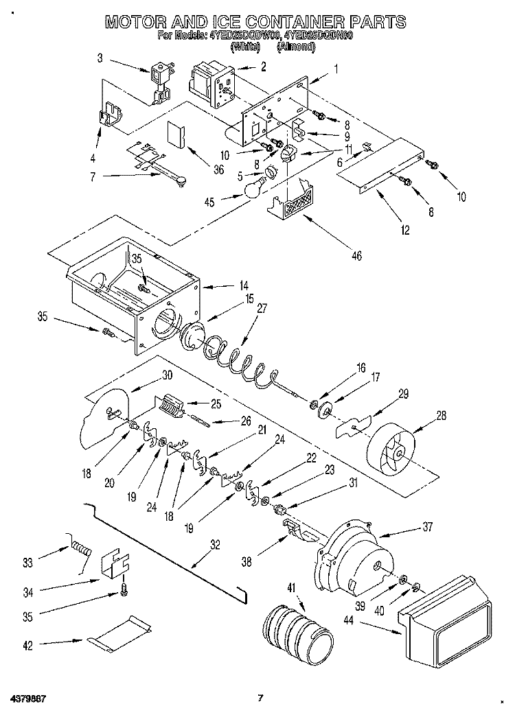 MOTOR AND ICE CONTAINER Diagram and Parts List for 4YED25DQDN00  Whirlpool Refrigerator