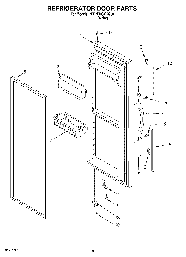 REFRIGERATOR DOOR Diagram and Parts List for 7ED7FHGXKQ00  Whirlpool Refrigerator