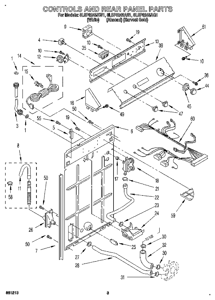 CONTROLS AND REAR PANEL Diagram and Parts List for 8LSP8245AN1  Whirlpool Washer