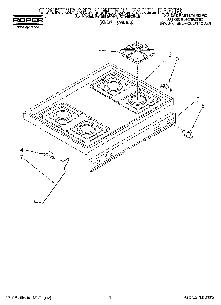 COOKTOP AND CONTROL PANEL Diagram and Parts List for FGS385BW3  Roper Range