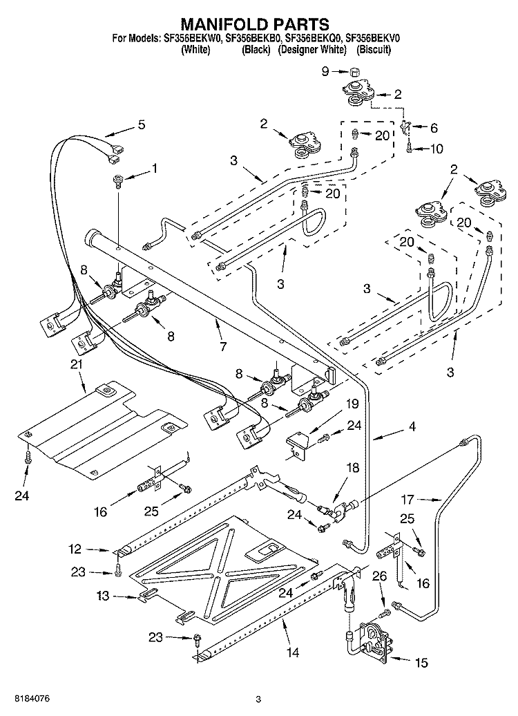 MANIFOLD Diagram and Parts List for SF356BEKQ0  Whirlpool Range
