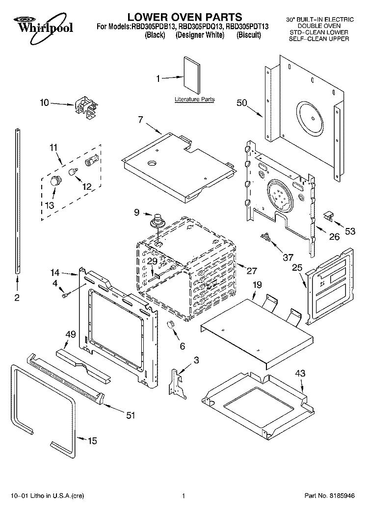 LOWER OVEN, LITERATURE Diagram and Parts List for RBD305PDB13  Whirlpool Wall Oven