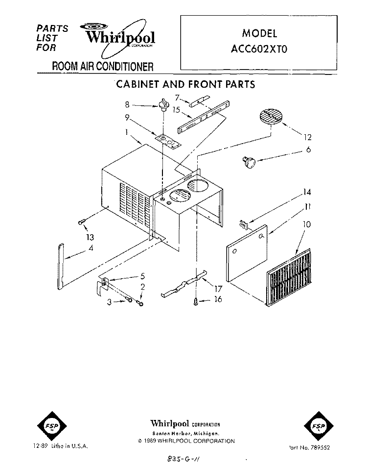 SECTION Diagram and Parts List for ACC602XT0  Whirlpool Air Conditioner