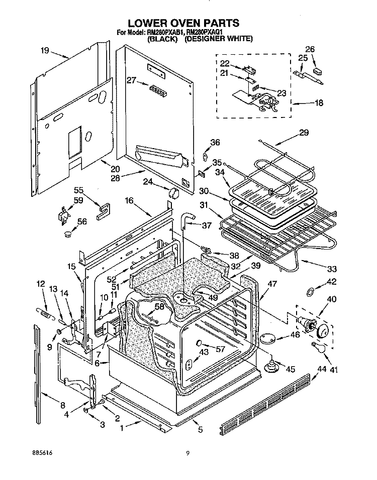 LOWER OVEN Diagram and Parts List for RM280PXAB1  Whirlpool Microwave Oven Combo