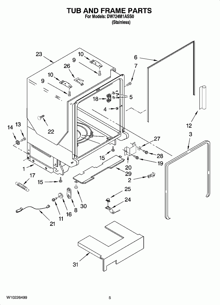 TUB AND FRAME PARTS Diagram and Parts List for DW724M1ASS0  Whirlpool Dishwasher