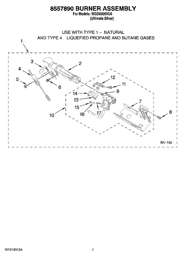 8557890 BURNER ASSEMBLY, OPTIONAL PARTS (NOT INCLUDED) Diagram and Parts List for WGD6600VU0  Whirlpool Dryer