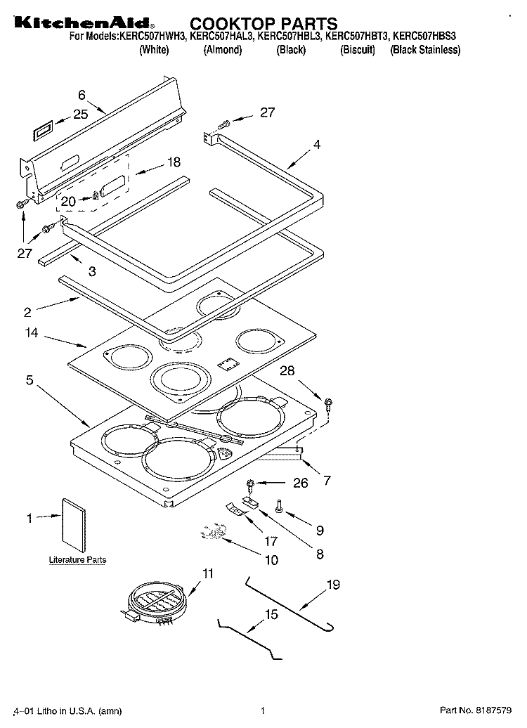 COOKTOP, LITERATURE Diagram and Parts List for KERC507HBL3  KitchenAid Range
