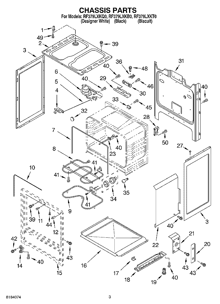 CHASSIS Diagram and Parts List for RF379LXKT0  Whirlpool Range
