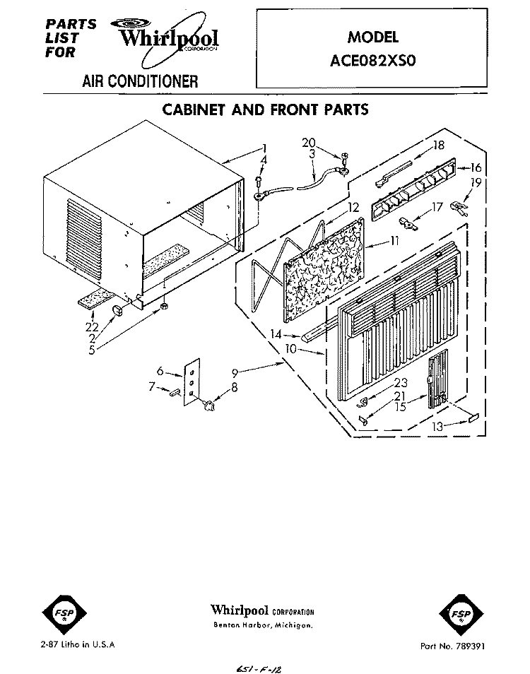 CABINET AND FRONT Diagram and Parts List for ACE082XS0  Whirlpool Air Conditioner