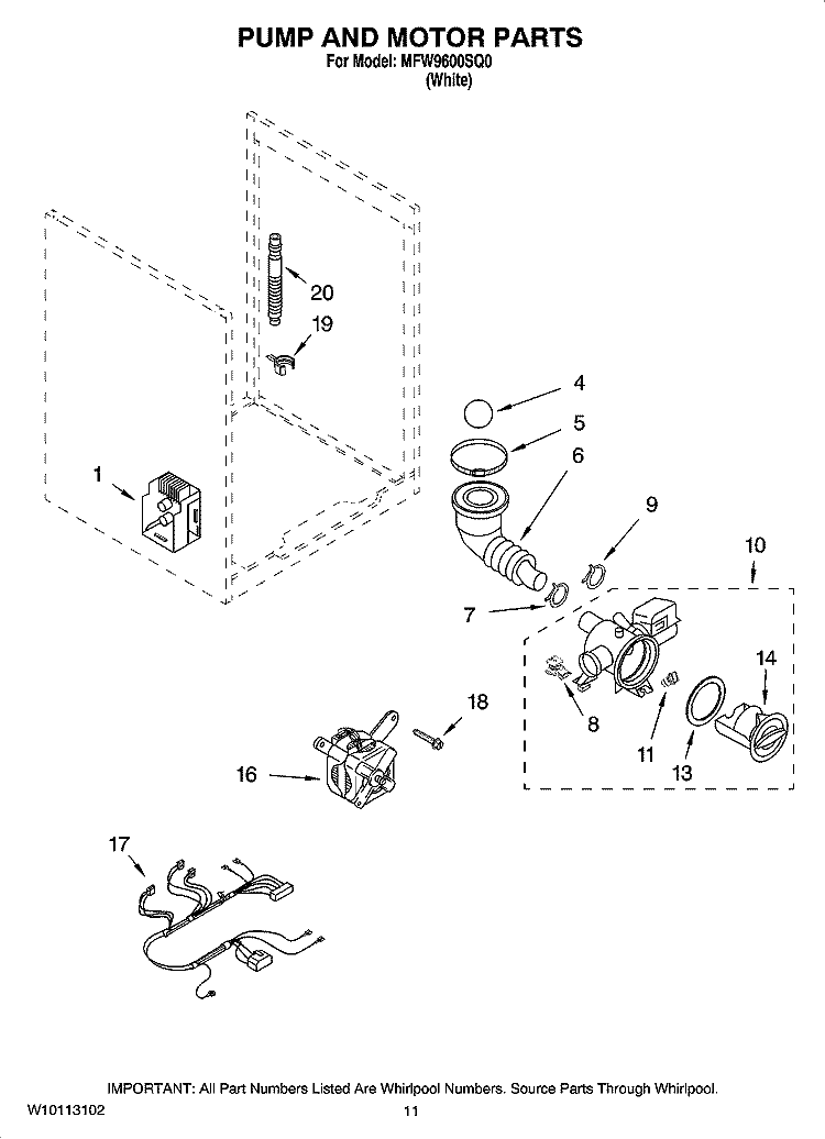 PUMP AND MOTOR PARTS, OPTIONAL PARTS (NOT INCLUDED) Diagram and Parts List for MFW9600SQ0  Whirlpool Washer