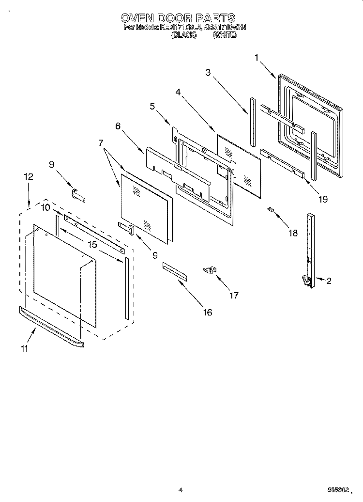 OVEN DOOR Diagram and Parts List for KEBI171DWH4  KitchenAid Wall Oven
