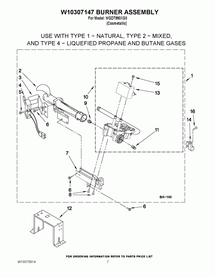 W10307147 BURNER ASSEMBLY Diagram and Parts List for WGD7990XG0  Whirlpool Dryer