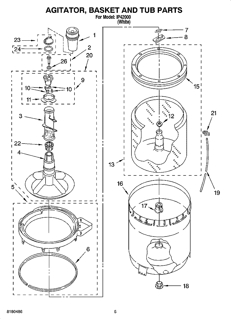 AGITATOR, BASKET AND TUB PARTS Diagram and Parts List for IP42000  Inglis Washer