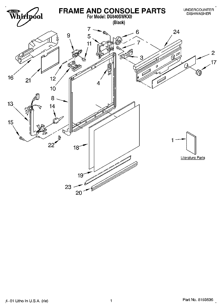 FRAME AND CONSOLE, LITERATURE Diagram and Parts List for DU840SWKX0  Whirlpool Dishwasher
