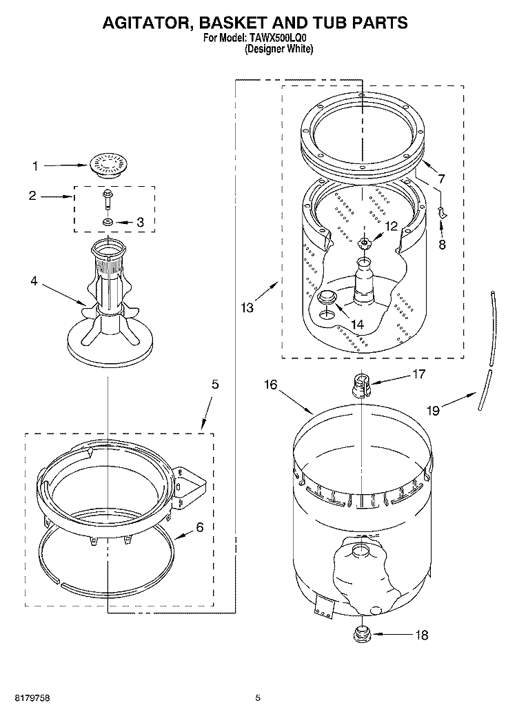 AGITATOR, BASKET AND TUB Diagram and Parts List for TAWX500LQ0  Estate Washer