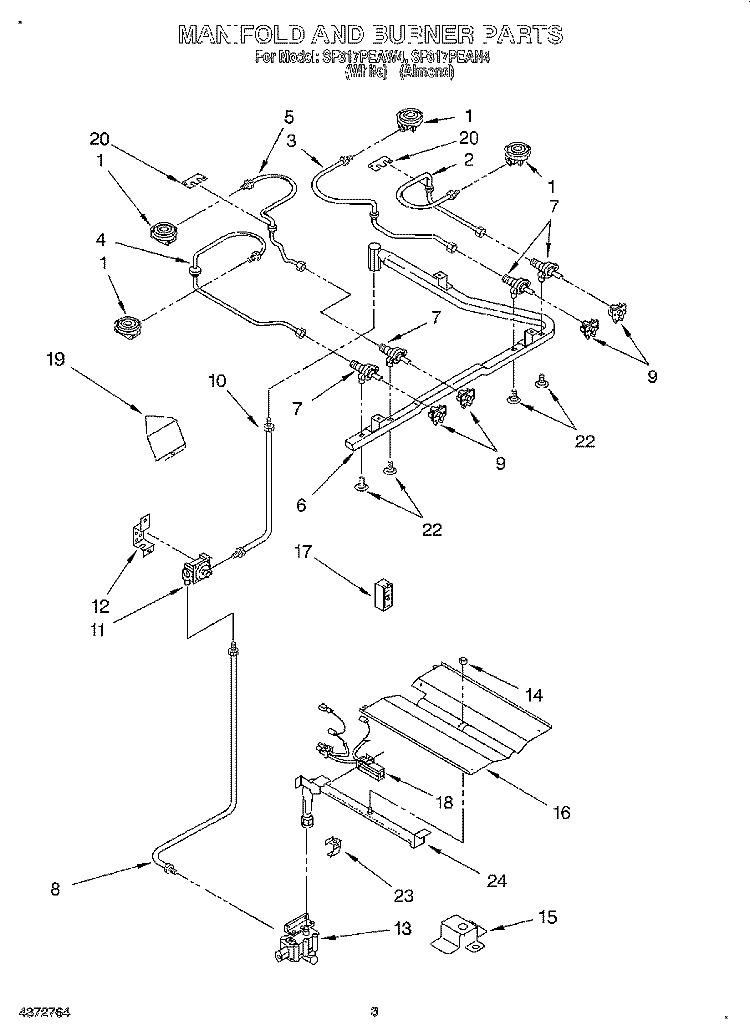 MANIFOLD AND BURNER Diagram and Parts List for SF317PEAN4  Whirlpool Range