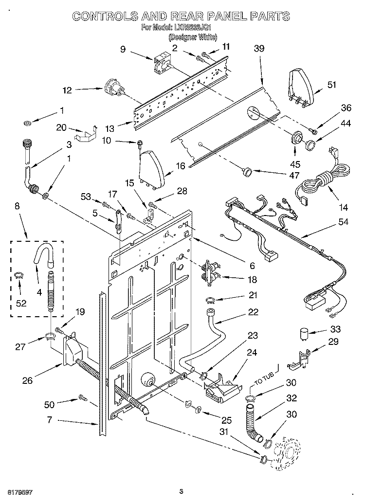 CONTROLS AND REAR PANEL Diagram and Parts List for LXR5232JQ1  Whirlpool Washer