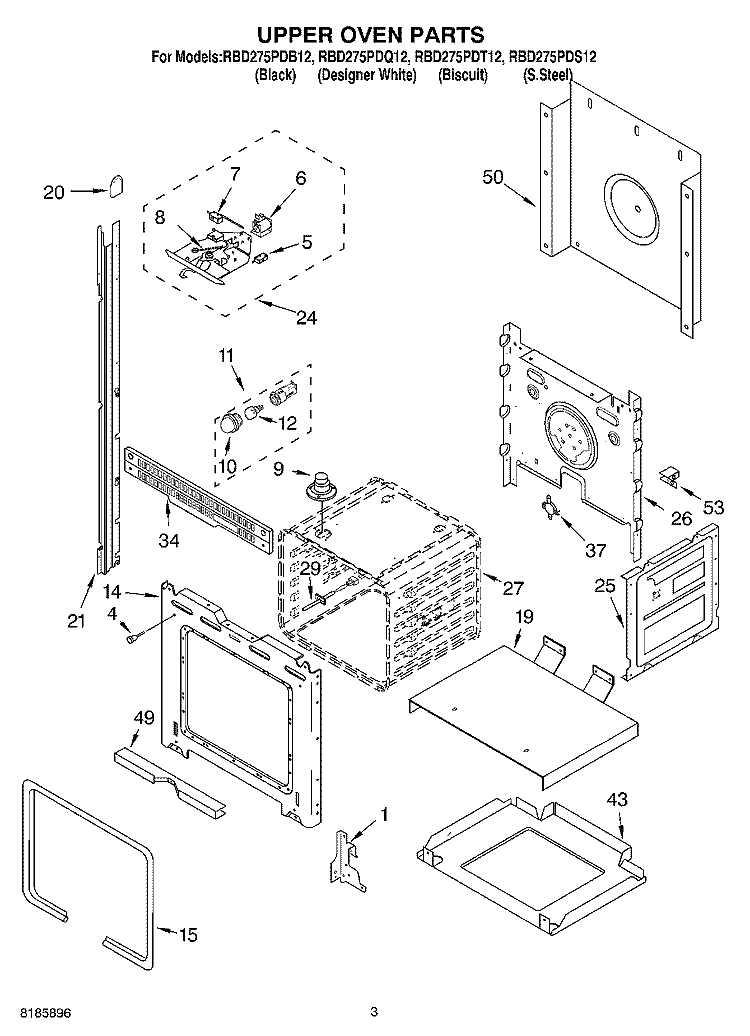UPPER OVEN Diagram and Parts List for RBD275PDQ12  Whirlpool Wall Oven