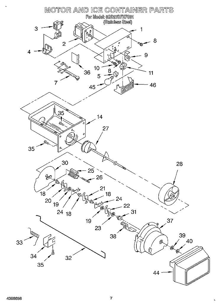 MOTOR AND ICE CONTAINER Diagram and Parts List for 6GD27DFXFS01  Whirlpool Refrigerator