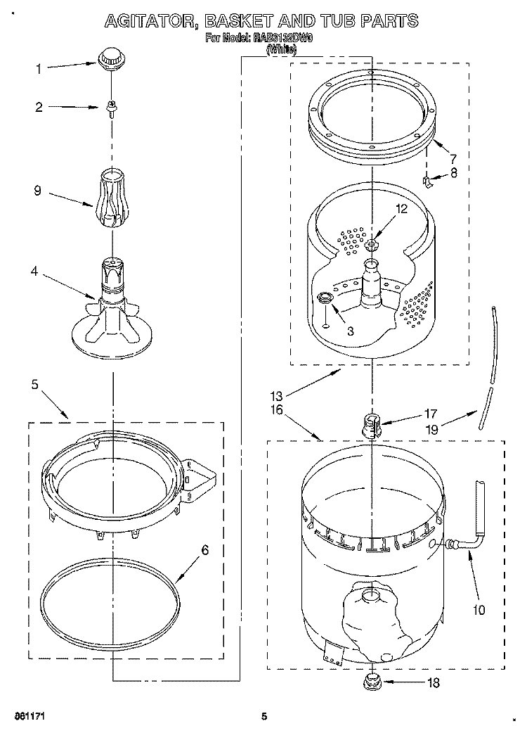 AGITATOR, BASKET AND TUB Diagram and Parts List for RAB3132DW0  Roper Washer