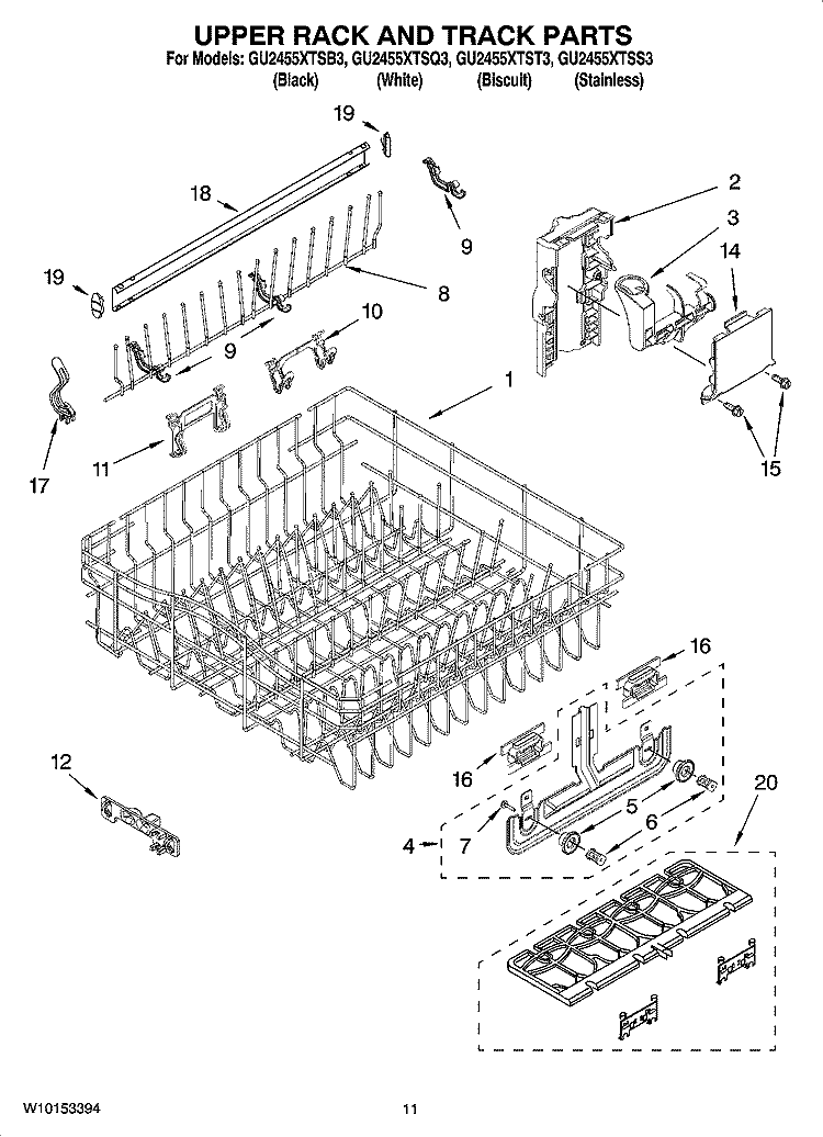 UPPER RACK AND TRACK PARTS Diagram and Parts List for GU2455XTST3  Whirlpool Dishwasher