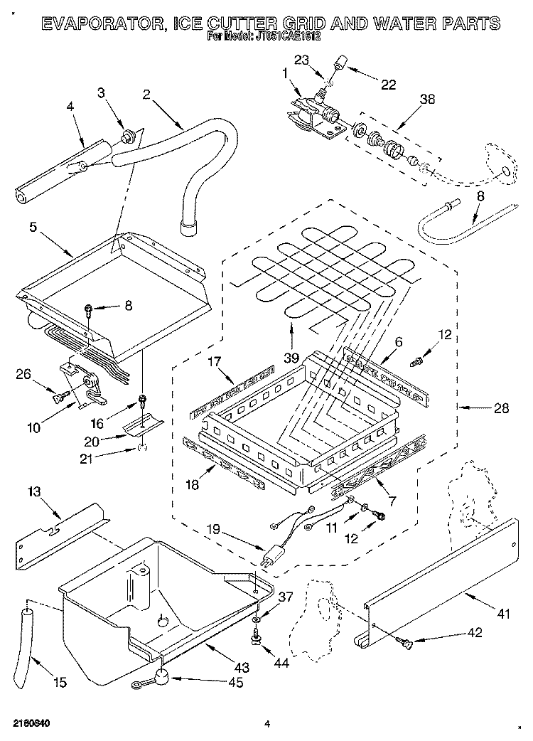 EVAPORATOR, ICE CUTTER GRID AND WATER Diagram and Parts List for JT051CAE1612  Whirlpool Ice Maker