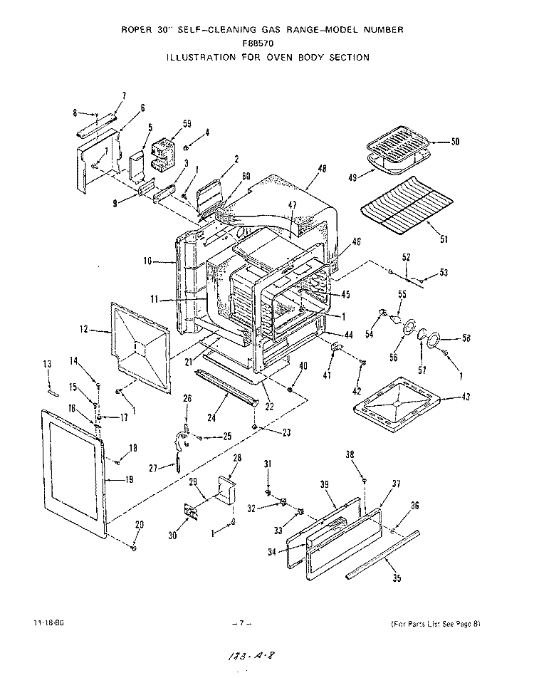 OVEN BODY Diagram and Parts List for F8857W0  Roper Range