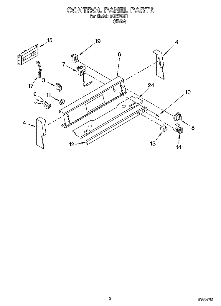 CONTROL PANEL PARTS Diagram and Parts List for RGE34301  Roper Range