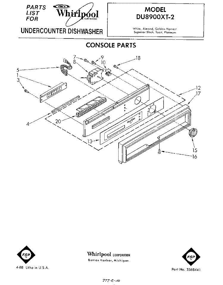 CONSOLE Diagram and Parts List for DU8900XT2  Whirlpool Dishwasher