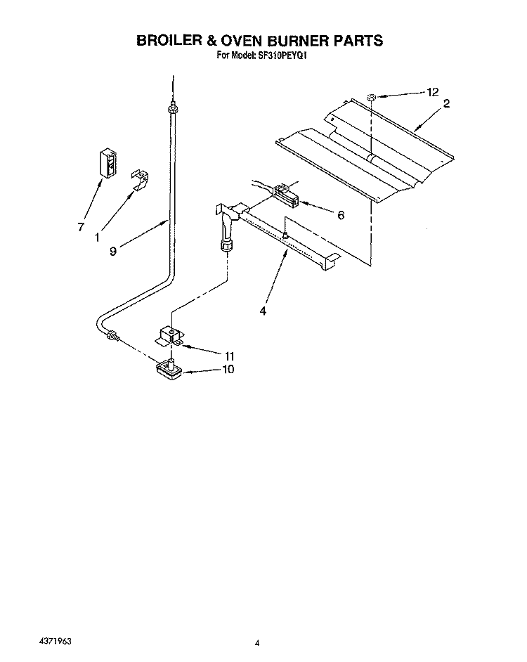 BROILER AND OVEN BURNER Diagram and Parts List for SF310PEYQ1  Whirlpool Range