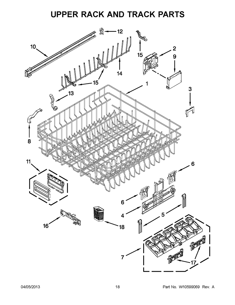 UPPER RACK AND TRACK PARTS Diagram and Parts List for KUDS30FXBL9  KitchenAid Dishwasher