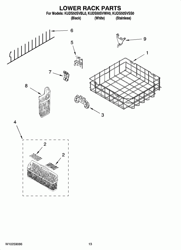 LOWER RACK PARTS Diagram and Parts List for KUDS50SVBL0  KitchenAid Dishwasher