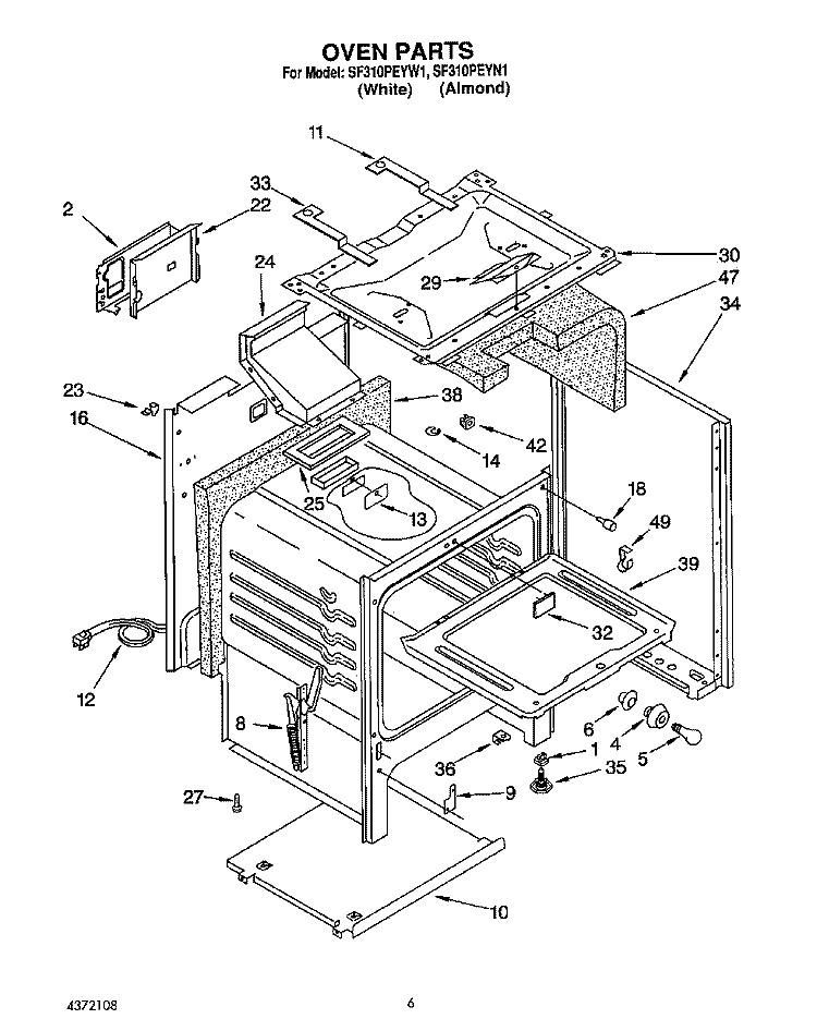 OVEN Diagram and Parts List for SF310PEYW1  Whirlpool Range