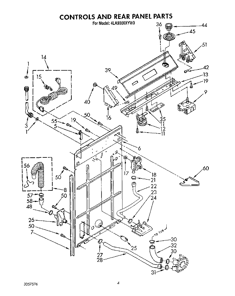 CONTROLS AND REAR PANEL Diagram and Parts List for 4LA9300XYW0  Whirlpool Washer