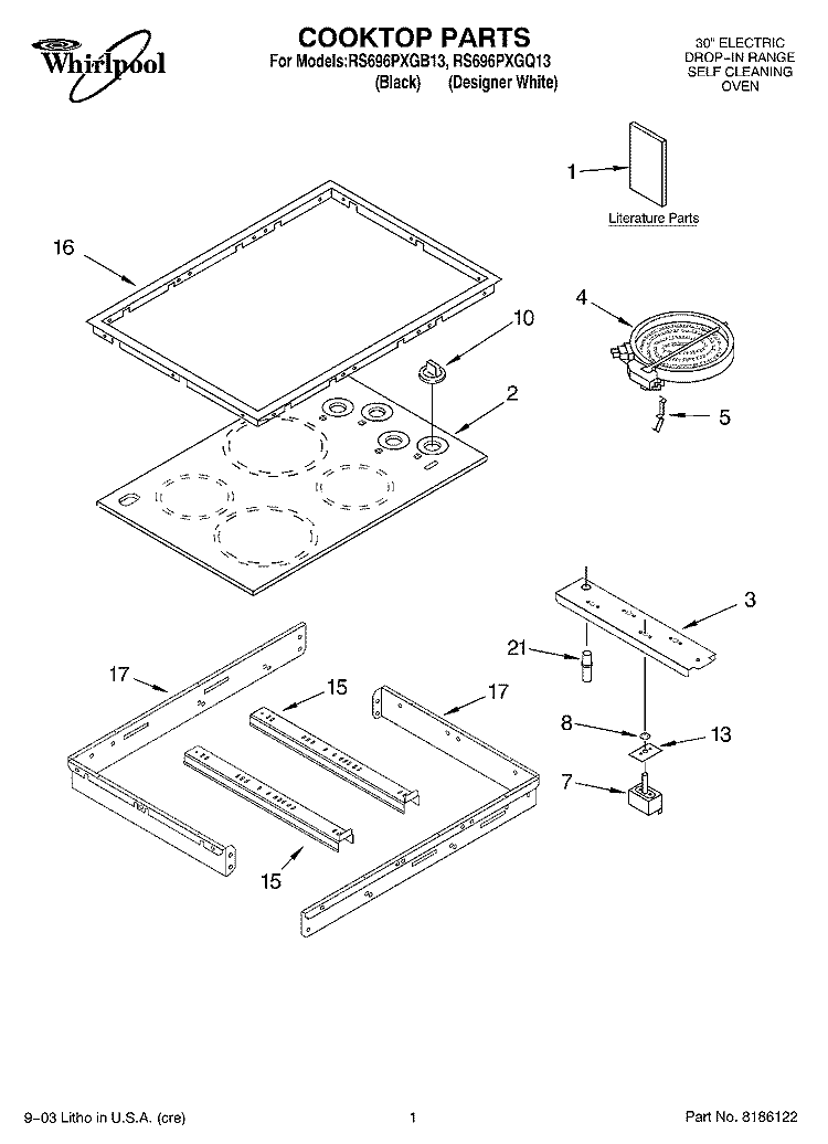 COOKTOP PARTS Diagram and Parts List for RS696PXGQ13  Whirlpool Range