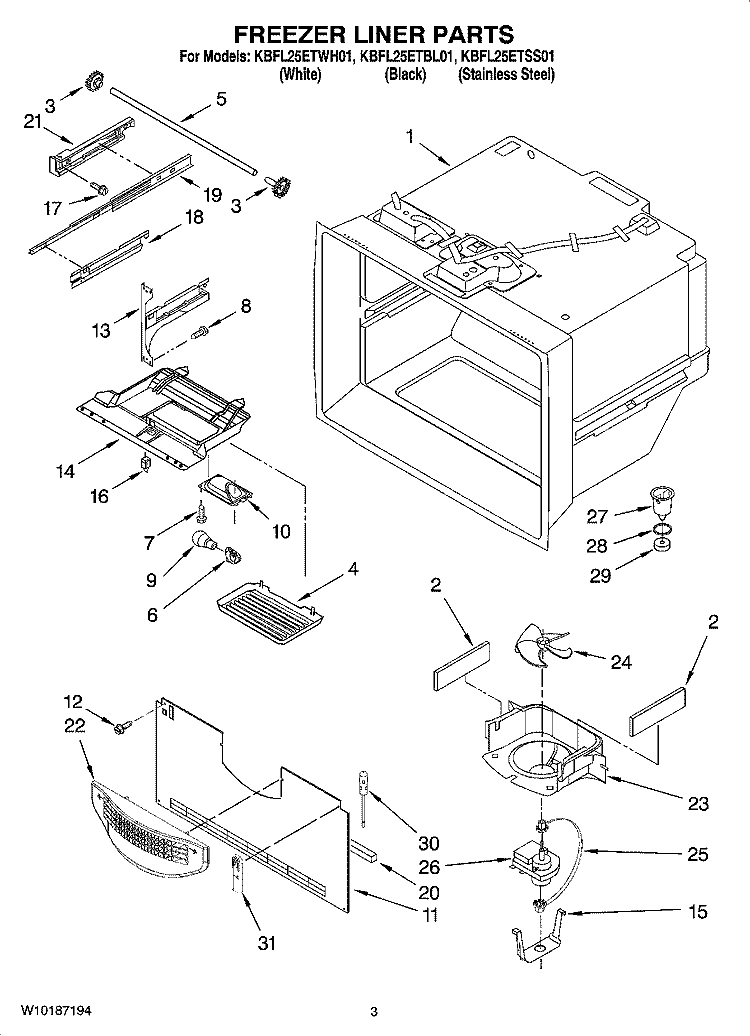 FREEZER LINER PARTS Diagram and Parts List for KBFL25ETWH01  KitchenAid Refrigerator