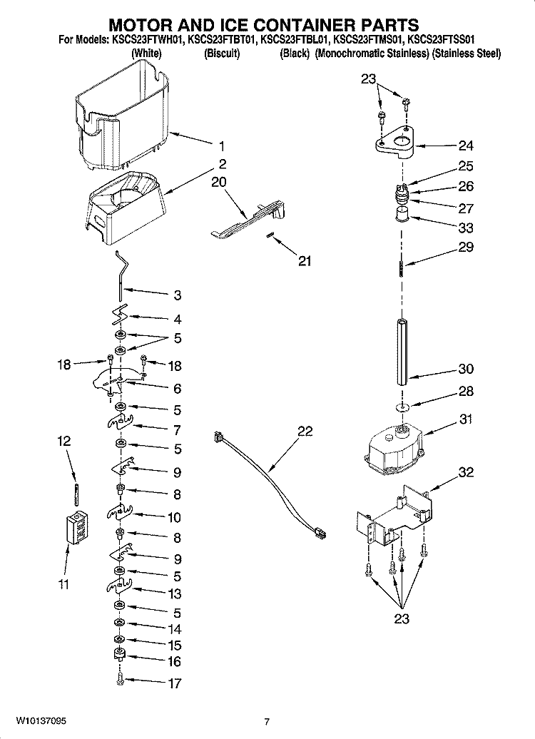 MOTOR AND ICE CONTAINER PARTS Diagram and Parts List for KSCS23FTWH01  KitchenAid Refrigerator